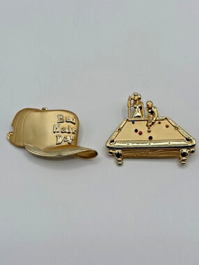 Vintage 1980s AJC Brooch Pin Lot Bad Hair Day Hat Pool Table Billiards Gold